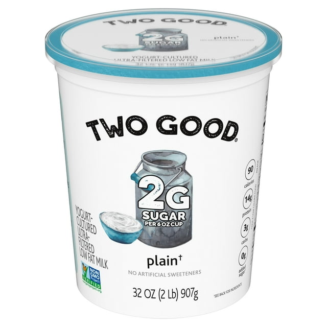 Two Good Lower Sugar Plain Flavored Low Fat Greek Yogurt Cultured Product, 32 oz Tub