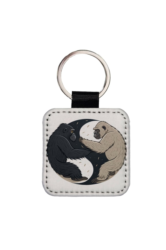 Two Gorillas Yin Yang Faux Leather Square Keychain