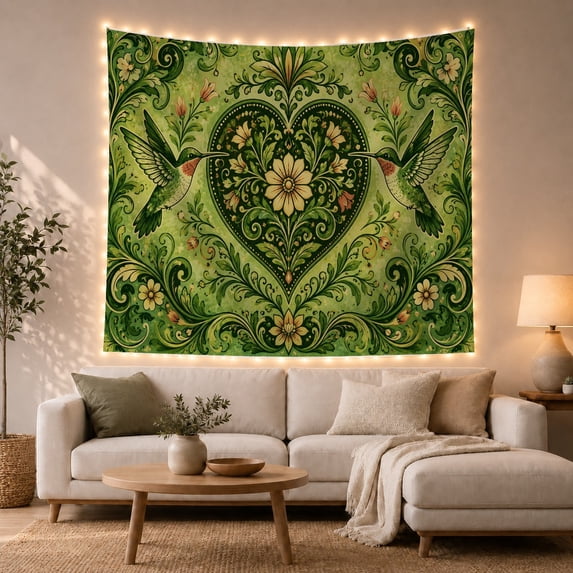 Two Green Hummingbirds With Vine Heart in a Lush Garden, Romantic Folk Art for Nature Lovers, Botanical Wall Decor, Birthday Gift Tapestry Wall Hanging for Bedroom and Living Room