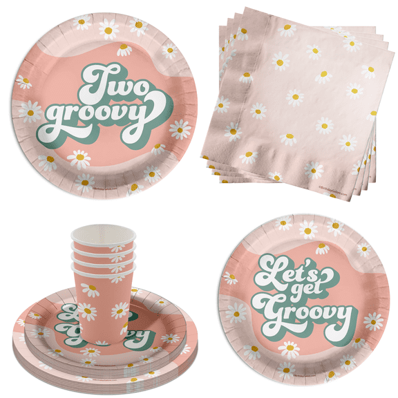 Two Groovy 2nd Birthday Party Supplies 64 Piece Tableware Set Includes Large 9" Paper Plates Dessert Plates, Cups and Napkins Kit for 16