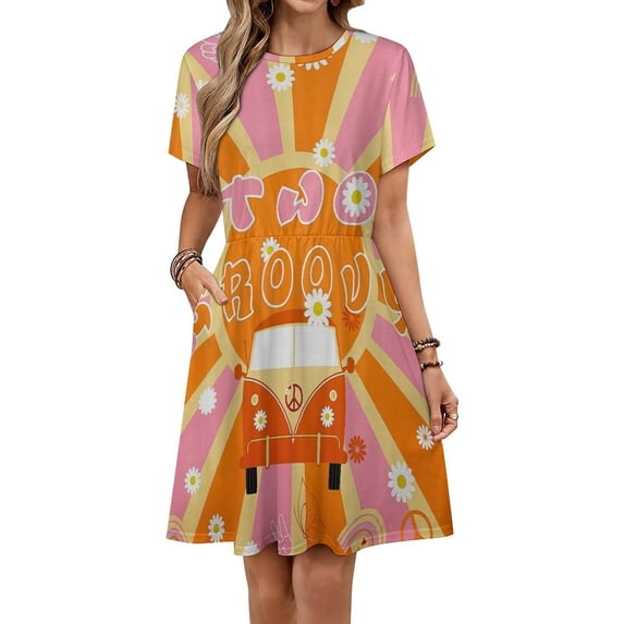 Two Groovy Dress Summer Street Style Dresses Female Short Sleeve Printed Sundress