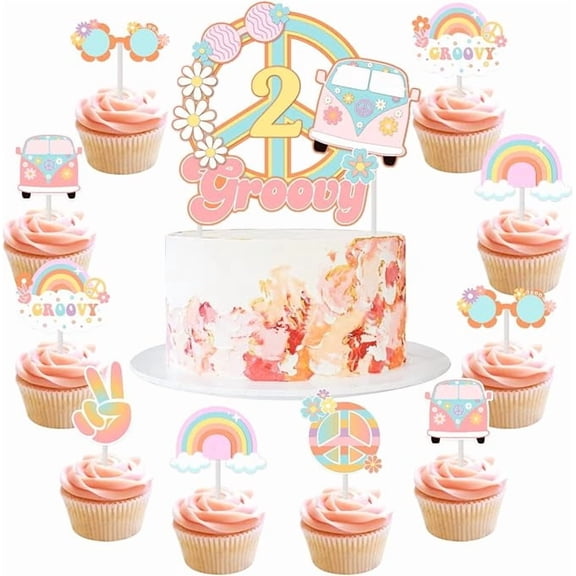 Two Groovy Party Decorations - 25PCS Two Groovy Cake Cupcake Toppers Groovy Cupcake Picks for Girl 2nd Birthday Party Hippie Boho Birthday Party Supplies
