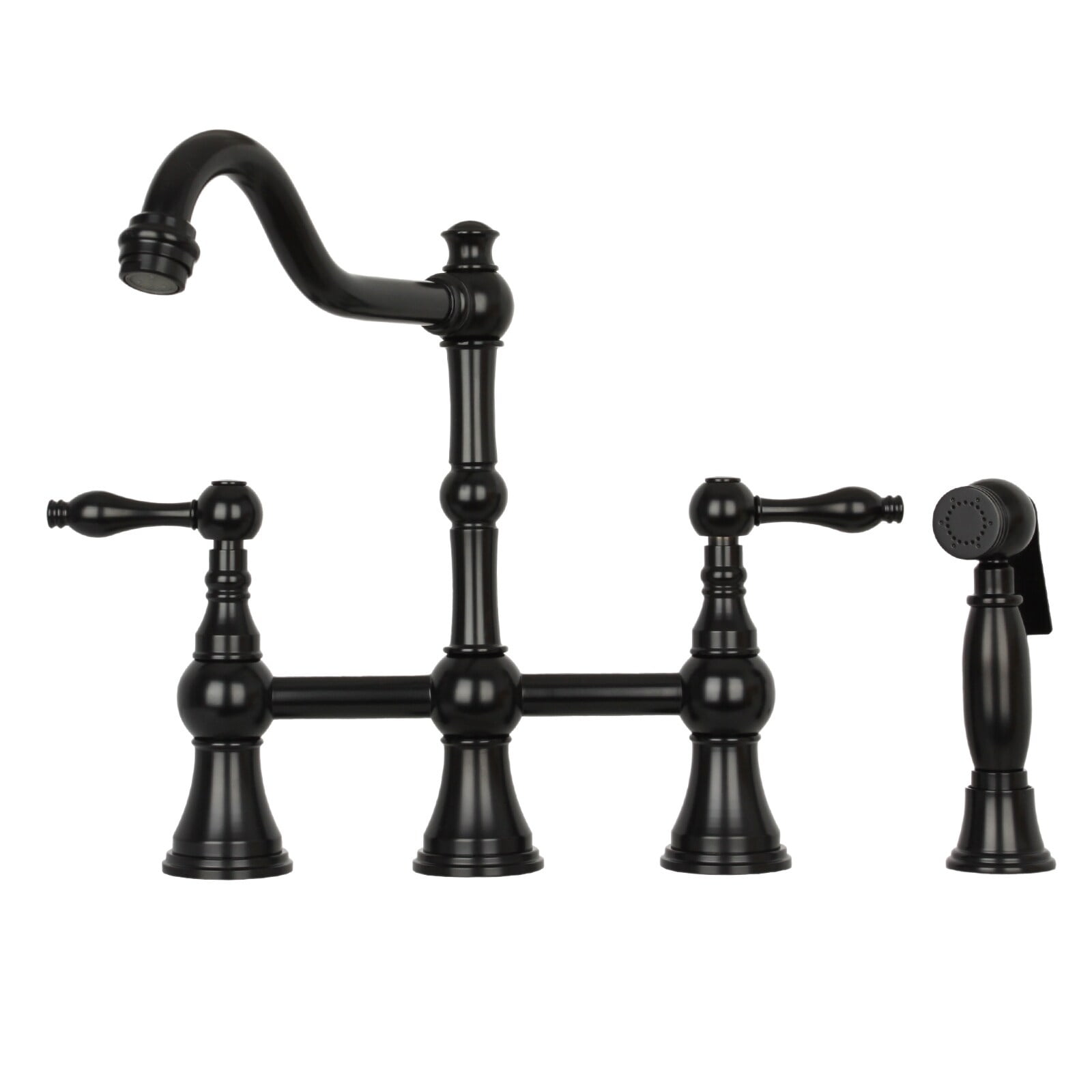 Matte Black Brass Bridge Kitchen Faucet with Pull-out Spray