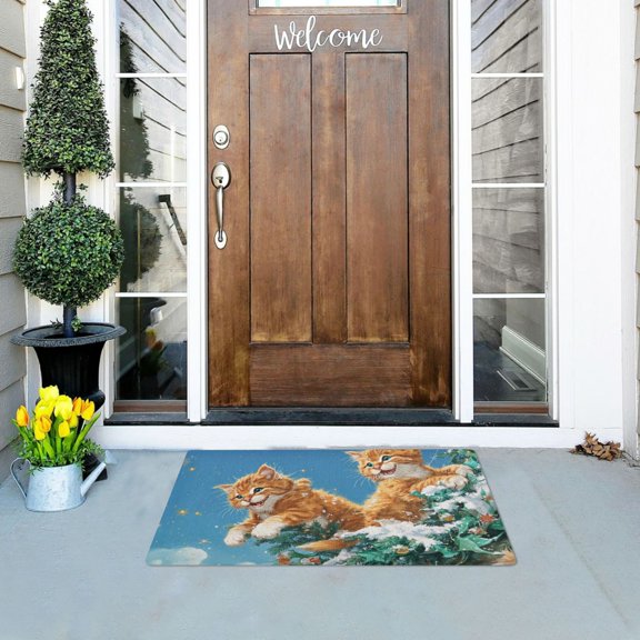 Two Happy Cats on Christmas Tree Doormats Welcome Mats Gate Pads Entryway Outdoor 32" x 20"