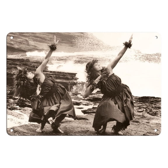 Two Hawaiian Hula Dancers - Vintage B&W Photograph by Alan Houghton c.1960s - 8 x 12 inch Vintage Metal Tin Sign