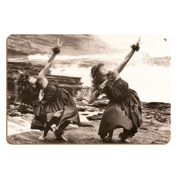 Two Hawaiian Hula Dancers - Vintage B&W Photograph by Alan Houghton c.1960s - 8 x 12 inch Vintage Wood Art Sign