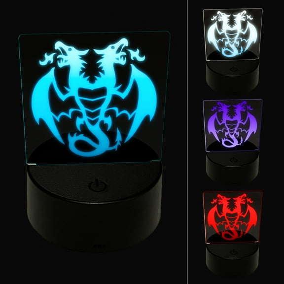 Two Headed Dragon Drake Wyvern LED Night Light Sign 3D Illusion Desk Nightstand Lamp