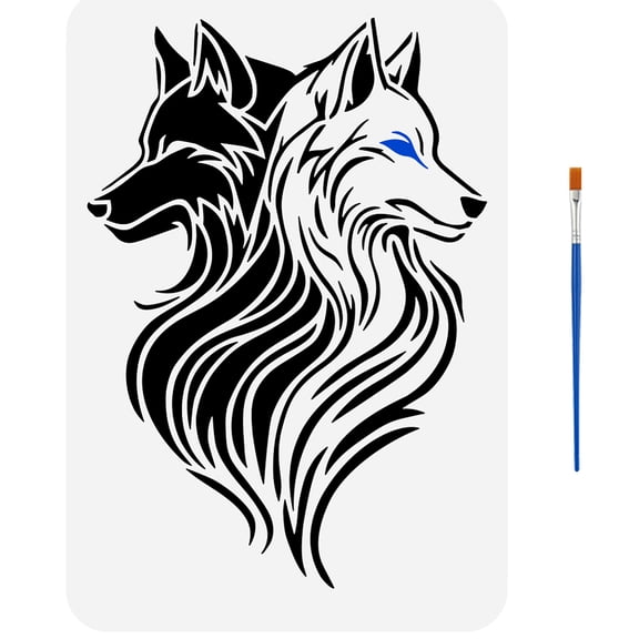 Two-Headed Wolf Stencil with Paint Brush 8.3x11.7inch Reusable Black White Wolf Template Two Head Wolf Stencil Wolf Pattern Template Animal