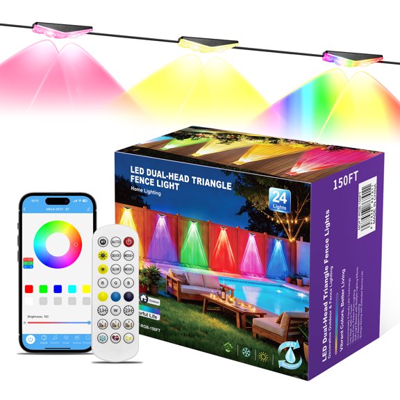 Two Heads Triangle LED Fence Light,150FT Low Voltage (24V DC) Plug-in RGB Color Changing Outdoor String Lights - Waterproof, for Chain Link Fence, Patio, Yard, Remote Included