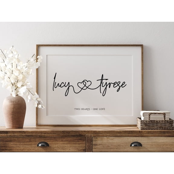Two Hearts One Love Couple Names Print First Valentines Day Gift For Her Home Decor Gift Couple Name Couple Name Sign With Heart, Unframed Paper Print