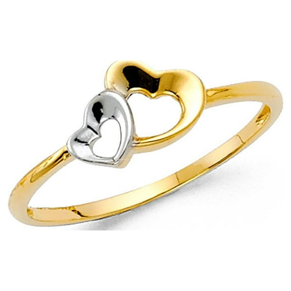 Two Hearts Ring Solid 14k Yellow White Gold Love Band Two Hearts Together Two Tone Genuine 6MM Size 7