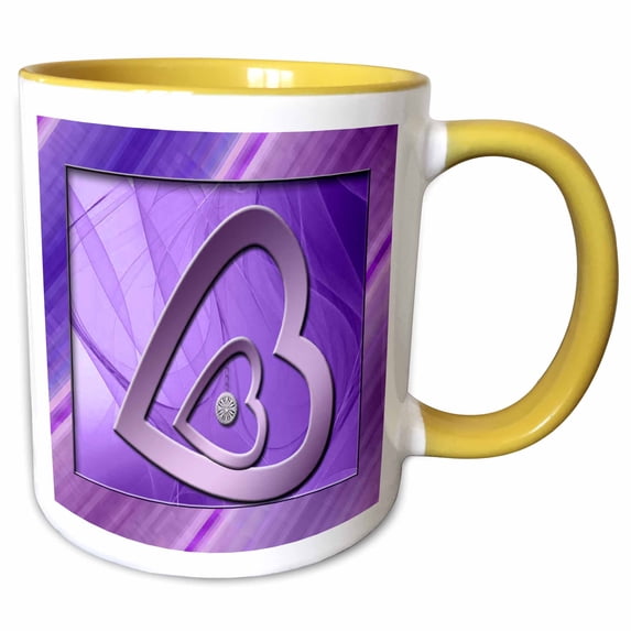 3drose, Two Hearts with Jewel, Purple, 15oz Two-tone Yellow Mug
