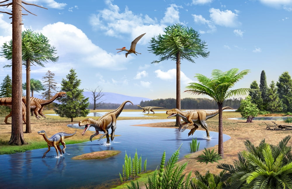 Two Herrerasaurus dinosaurs chasing a Silesaurus down a stream Canvas Art - Mohamad HaghaniStocktrek Images (36 x 23)