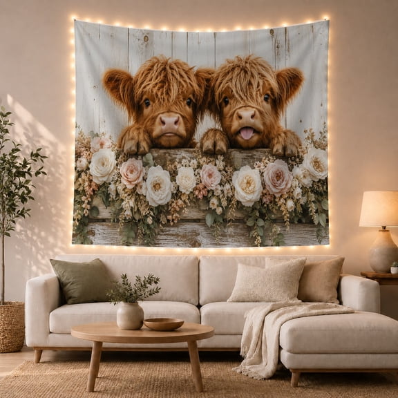 Two Highland Cows with Roses on Rustic Wood Beam, Whimsical Farmhouse for Animal Lovers, Floral Cow Wall Art, Thanksgiving Gift, Tapestry Wall Hanging for Bedroom and Living Room