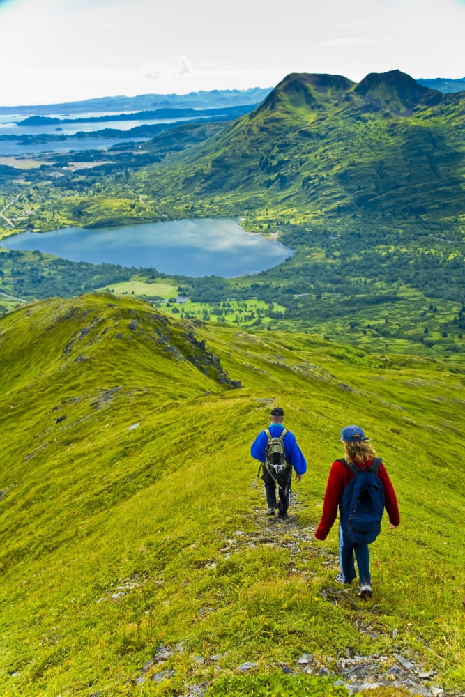 Two Hikers Descending Pyramid Mountain Summit On Kodiak Island In Southwest Alaska During Summer Canvas Art - Michael DeYoung Design Pics (22 x 34)