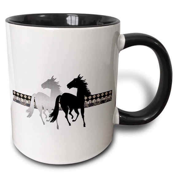 3drose, Two Horse Running on Damask Striped Design, Black, Silver, Tan Color, 15oz Two-tone Black Mug