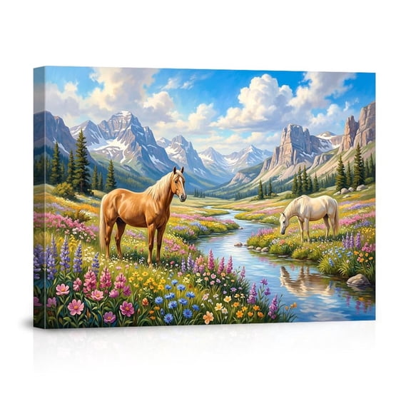 Two Horses By Mountain Stream With Wildflowers Serene Nature Landscape For Living Room Bedroom Cabin Canvas