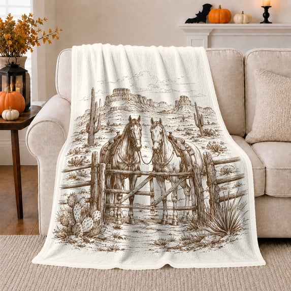 Two Horses at Desert Corral with Cactus and Mesas, Rustic Western Line Art for Horse Lovers, Father's Day Gift, Cozy Flannel Blanket for Ranch House and Cabin, Rustic Home Decor