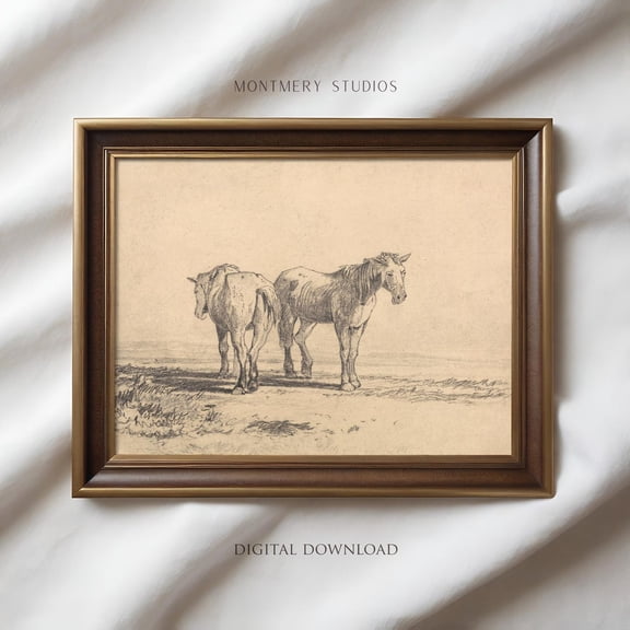 Two Horses in a Field, Vintage Horse Sketch Print Poster, Equestrian Print Poster, Country Home Decor, Horse Charcoal Print Poster, Farmhouse Art, AN118, Unframed Poster Size 8x12 F03.1.19l265