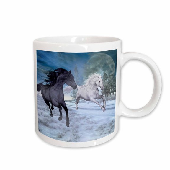 3drose, Two Horses Galloping at Night Through a Winter Landscape, 11oz Mug