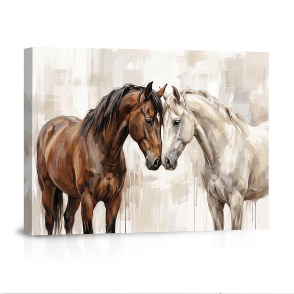 Two Horses Modern Brown White Friendship Love Artwork Neutral Tones Canvas