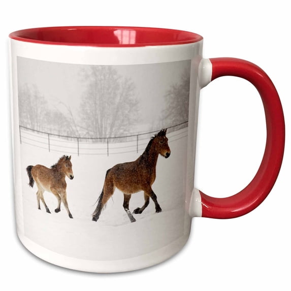 3drose, Two Horses Running During Winter Horse Roundup, Kalispell, Montana., 11oz Two-tone Red Mug