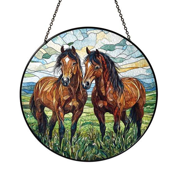 Two Horses Stained Glass Suncatcher Round Window Hanging Field Scene Panel for Home Decor Animal Lover Gift