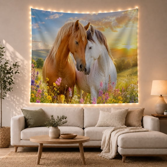Two Horses Standing in a Flower Meadow, Serene Rustic Style for Horse Lovers, Horse Wall Art, Mother's Day Gift, Tapestry Wall Hanging for Bedroom and Living Room