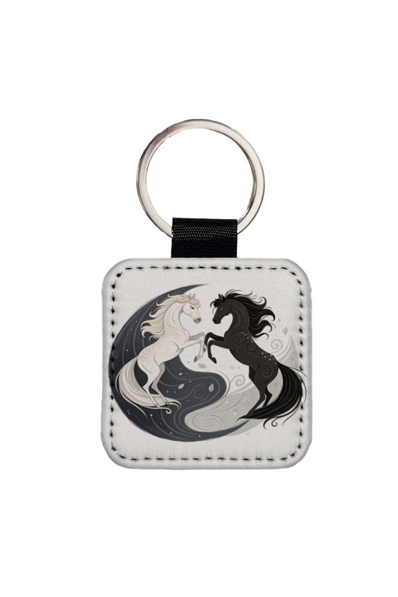 Two Horses Yin Yang Dark Light Faux Leather Square Keychain