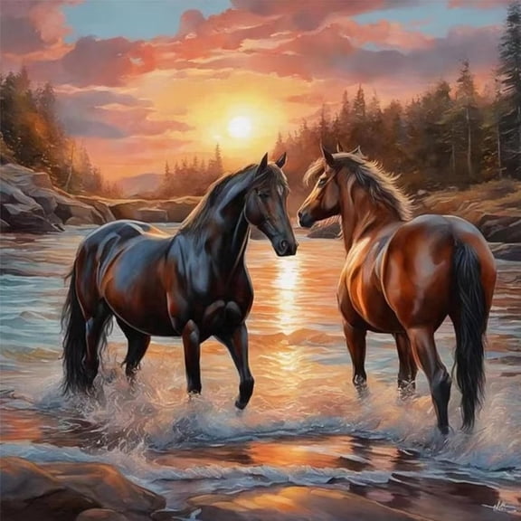 Two Horses in River at Sunset Diamond Painting Kit, 5D Full Drill DIY Diamond Art for Adults, Oil Painting Style Gem Painting for Home Decor