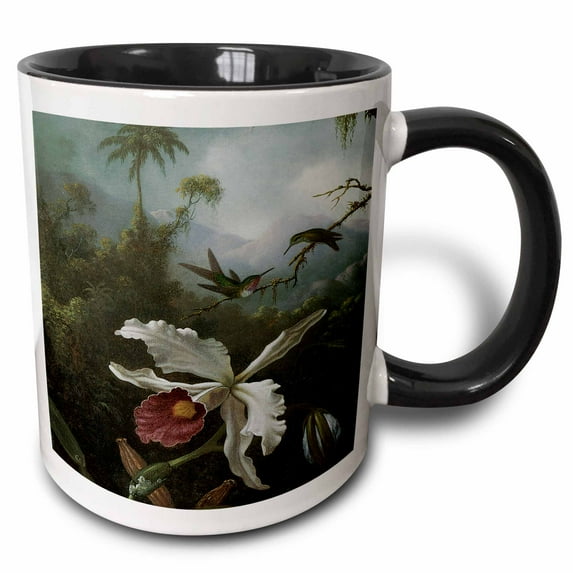 3drose, Two Hummingbirds Above a White Orchid by Martin Johnson Heade, 15oz Two-tone Black Mug
