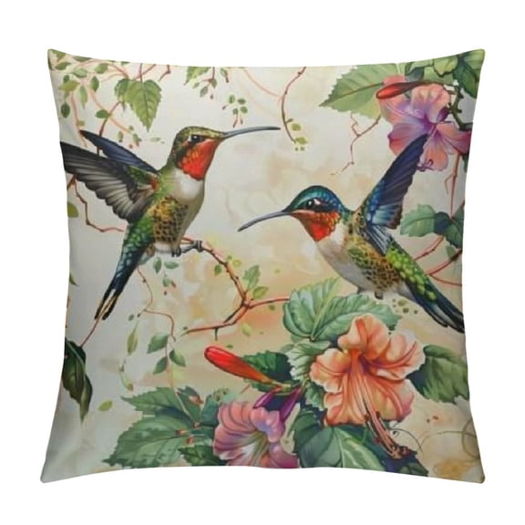 Two Hummingbirds Throw Pillow Covers - Spring Birds Gathering Honey Pillow Cases Watercolor Bird Cushion Cases for Couch Bed Home Decor