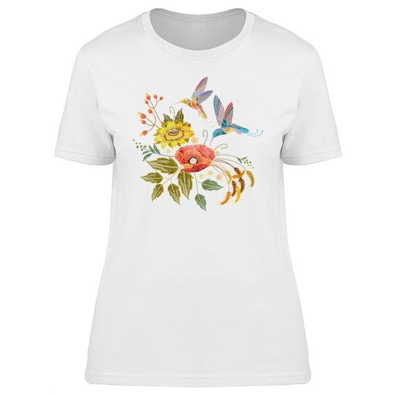Two Hummingbirds With Flowers T-Shirt Women -Image by Shutterstock, Female Large