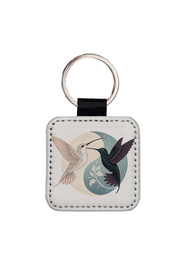 Two Hummingbirds Yin Yang Faux Leather Square Keychain