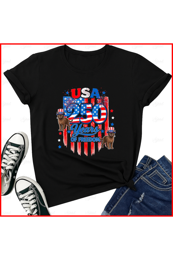 Two Hundred Fiftieth Freedom July Fourth US Flag Two Cute Burmese Cats Unisex T-Shirt, S-5XL