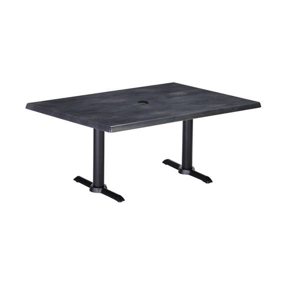 Two Indoor/Outdoor 30" Tall OD211EB Black Table Bases with a 22" Foot and a 30" x 48" Indoor/Outdoor Black Steel Top with Umbrella Hole by the Holland Bar Stool Co.