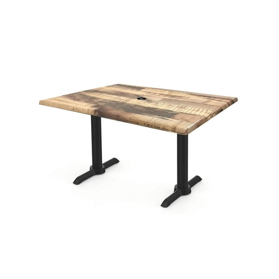 Two Indoor/Outdoor 30" Tall OD211EB Black Table Bases with a 22" Foot and a 30" x 48" Indoor/Outdoor Rustic Top with Umbrella Hole by the Holland Bar Stool Co.