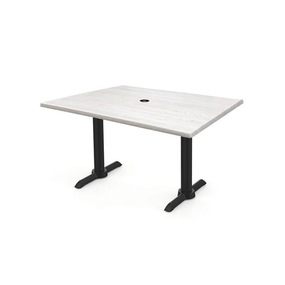 Two Indoor/Outdoor 30" Tall OD211EB Black Table Bases with a 22" Foot and a 30" x 48" Indoor/Outdoor White Ash Top with Umbrella Hole by the Holland Bar Stool Co.