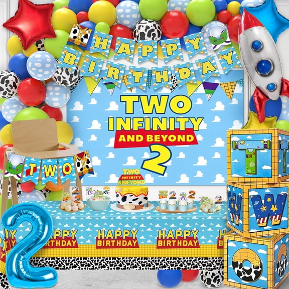 Two Infinity and Beyond Birthday Decorations, 108 Pcs Toy Inspired Story 2nd Birthday Party Supplies Include Toy Inspired Story Balloon Boxes, Banner, Balloons, Backdrop, Cake Topper, Tablecloth Y101