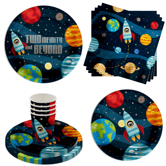 Two Infinity Space Party Supplies - Rocket Boys 2nd Birthday Party Supplies 64 Piece Tableware Set Includes Large 9" Paper Plates Dessert Plates, Cups and Napkins Kit for 16