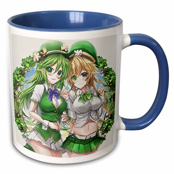 3drose, Two Irish Elf Girls, Four Leaf Clover Frame. Good Luck for You Charm, 15oz Two-tone Blue Mug