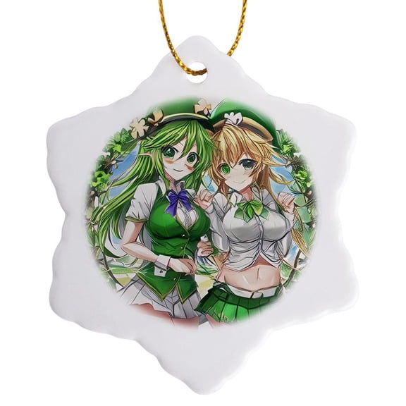 3drose, Two Irish Elf Girls, Four Leaf Clover Frame. Good Luck for You Charm, 3 inch Snowflake Porcelain Ornament
