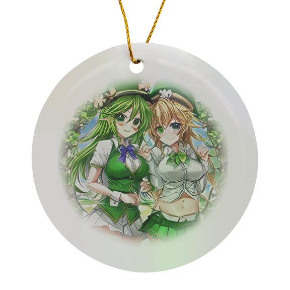 3drose, Two Irish Elf Girls, Four Leaf Clover Frame. Good Luck for You Charm, Circle Porcelain Ornament