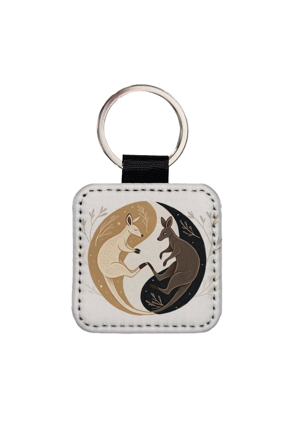 Two Kangaroos Yin Yang Dark Light Faux Leather Square Keychain