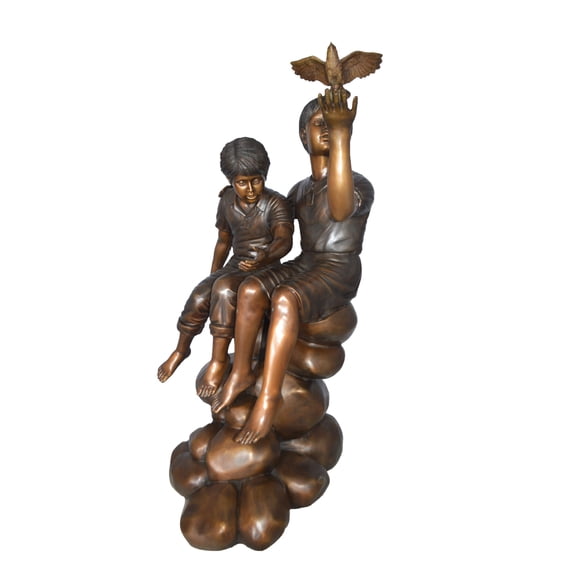Two Kids on Rocks with a Bird Bronze Statue - Size: 36"L x 30"W x 44"H.