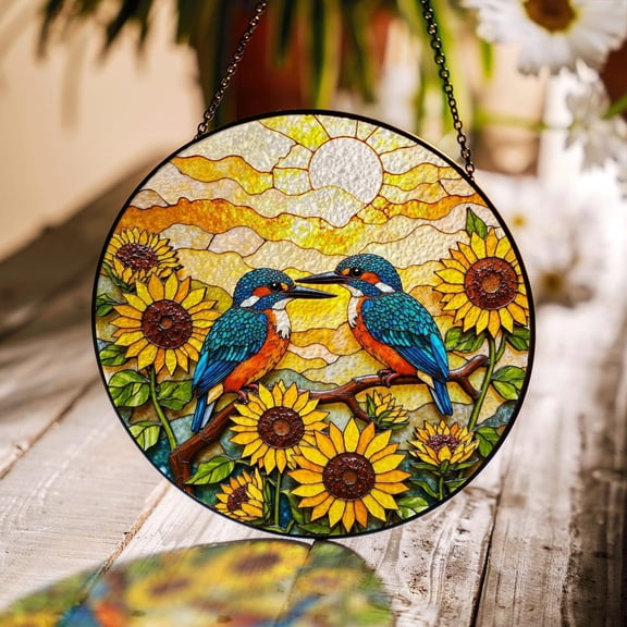 Two Kingfishers On Sunflower Branch Glass Suncatcher Bird Window Decor Gift, Suncatcher Window Hanging, 3.5 in