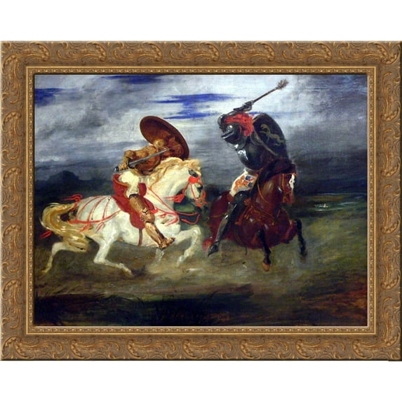 Two Knights Fighting in a Landscape 24x20 Gold Ornate Wood Framed Canvas Art by Eugene Delacroix
