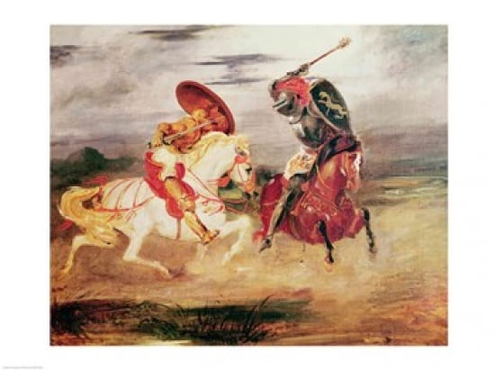 Two Knights Fighting in a Landscape Canvas Art - Eugene Delacroix (24 x 18)