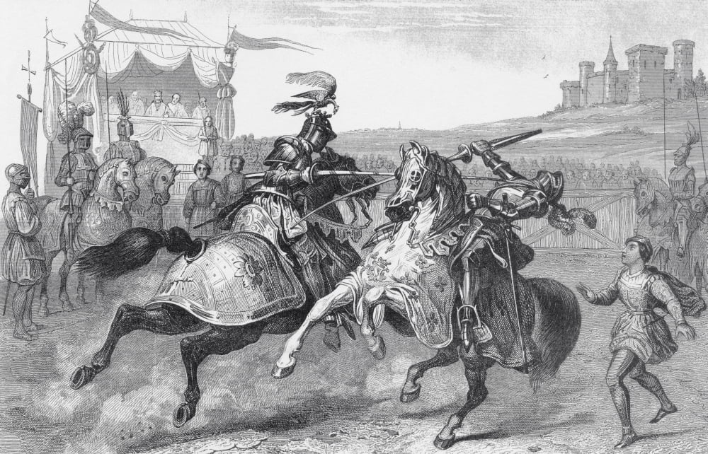 Two Knights Jousting At A Tournament In Germany From A 19Th Century Print Canvas Art - Ken Welsh Design Pics (18 x 11)