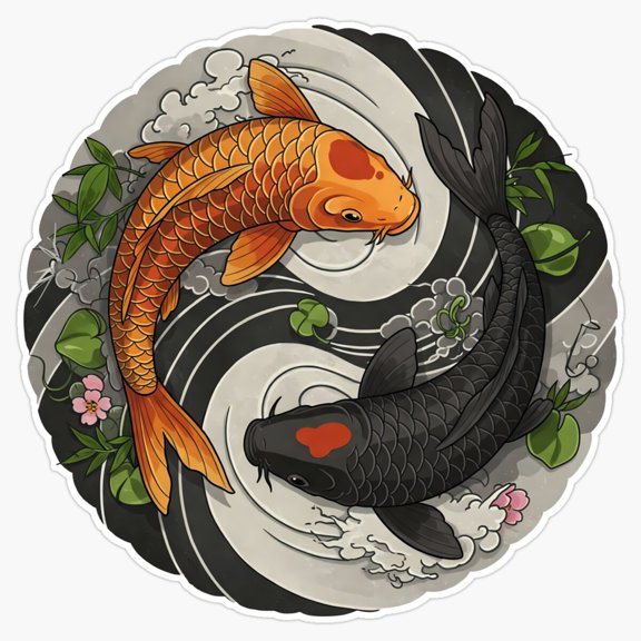 Two Koi Fish Circular Yin Yang Traditional Design Vinyl Sticker